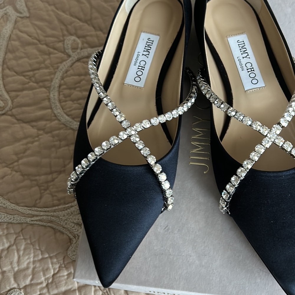 Jimmy Choo Black Satin Pointed Flats with Crystal Cross-Strap Detail - Picture 2 of 8
